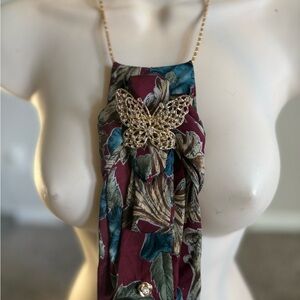 Floral Burgundy Scarf Necklace with Gold Butterfly Brooch